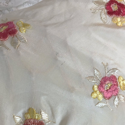 Vintage 1920's Piano Shawl | Ivory Silk with Pink Embroidered Floral Pattern & Gold Silk Crochet Fringe Trim - Daggers & Dames