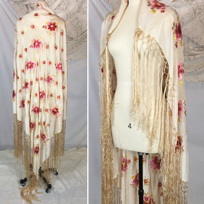 Vintage 1920's Piano Shawl | Ivory Silk with Pink Embroidered Floral Pattern & Gold Silk Crochet Fringe Trim - Daggers & Dames