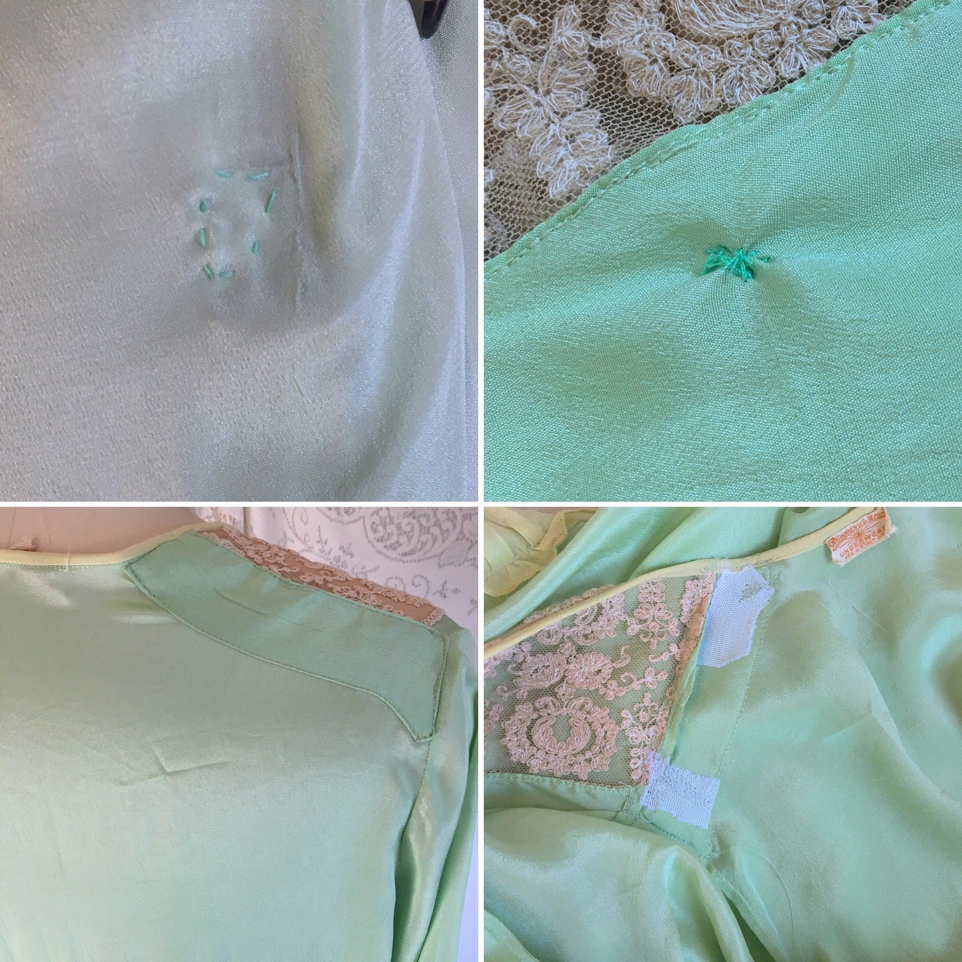 Vintage 1920's Robe | Mint Green Silk Crepe with Chiffon Ruffles & Tambour Lace | Size Free - Daggers & Dames