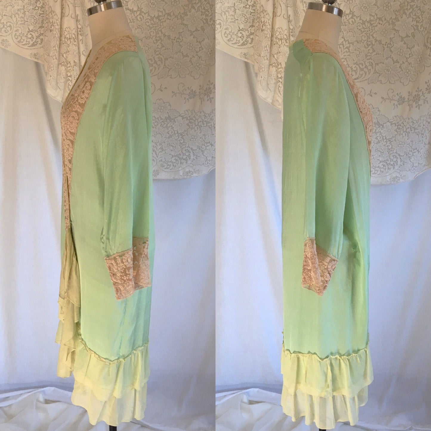 Vintage 1920's Robe | Mint Green Silk Crepe with Chiffon Ruffles & Tambour Lace | Size Free - Daggers & Dames