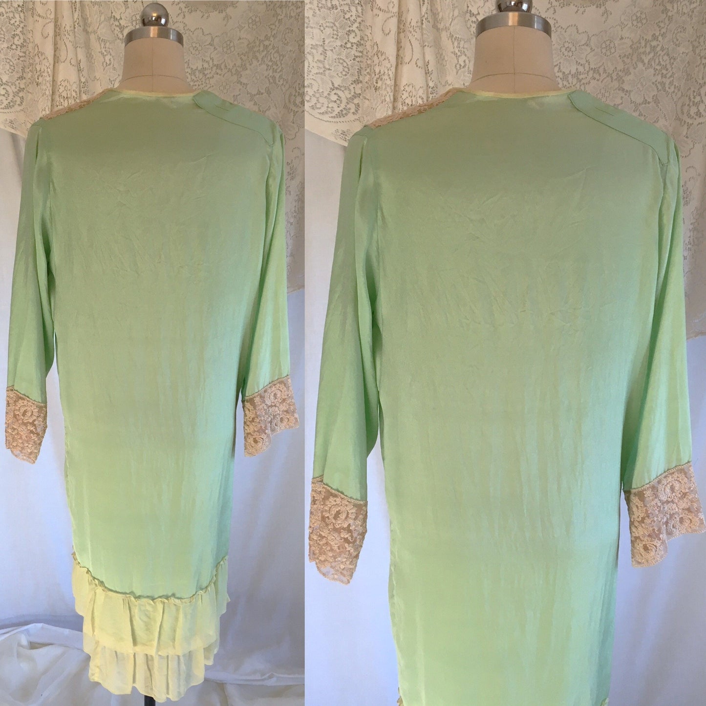 Vintage 1920's Robe | Mint Green Silk Crepe with Chiffon Ruffles & Tambour Lace | Size Free - Daggers & Dames