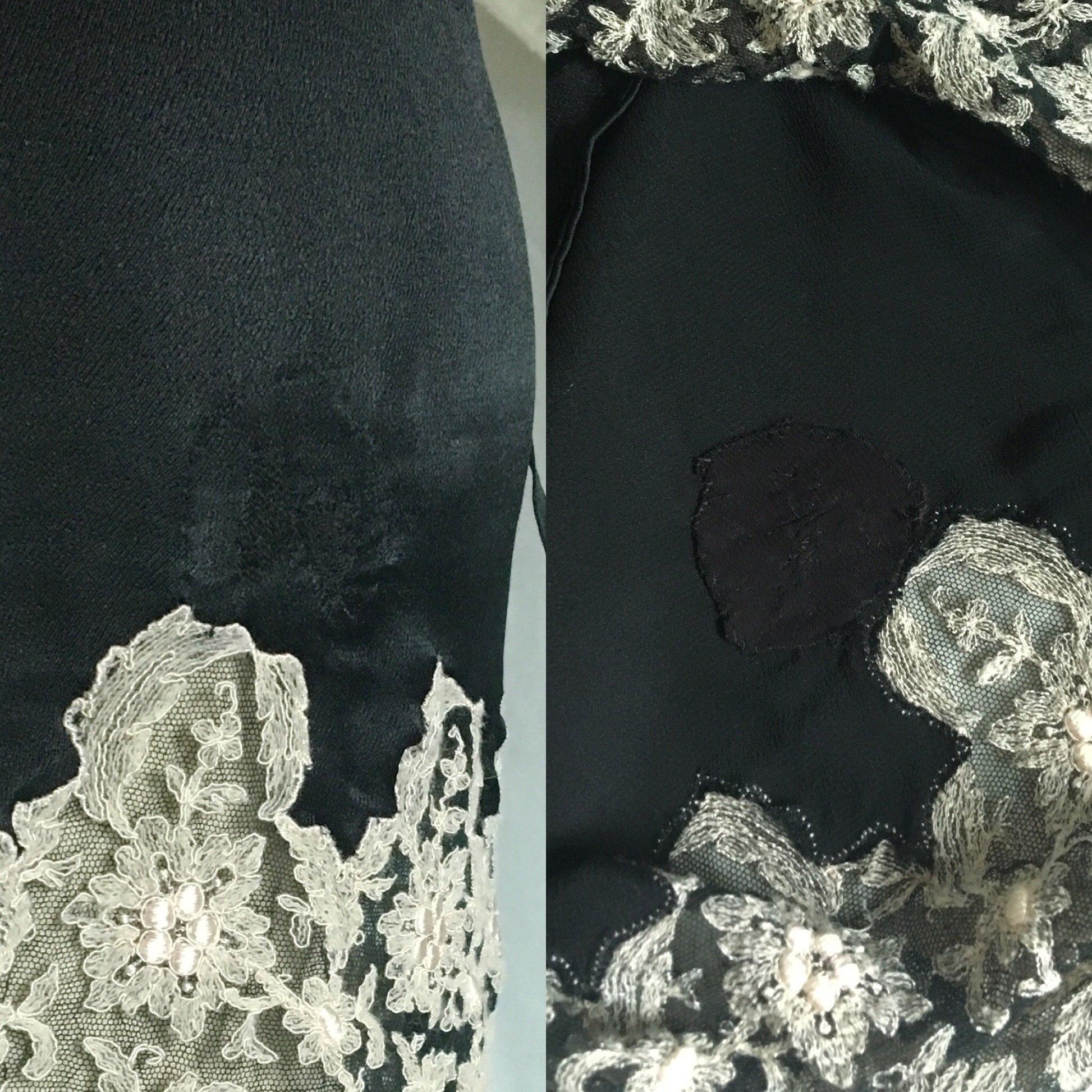 Vintage 1920's Step In Chemise | Black Silk Charmeuse with Silvery White Tambour Lace Embroidery | Size S, M - Daggers & Dames