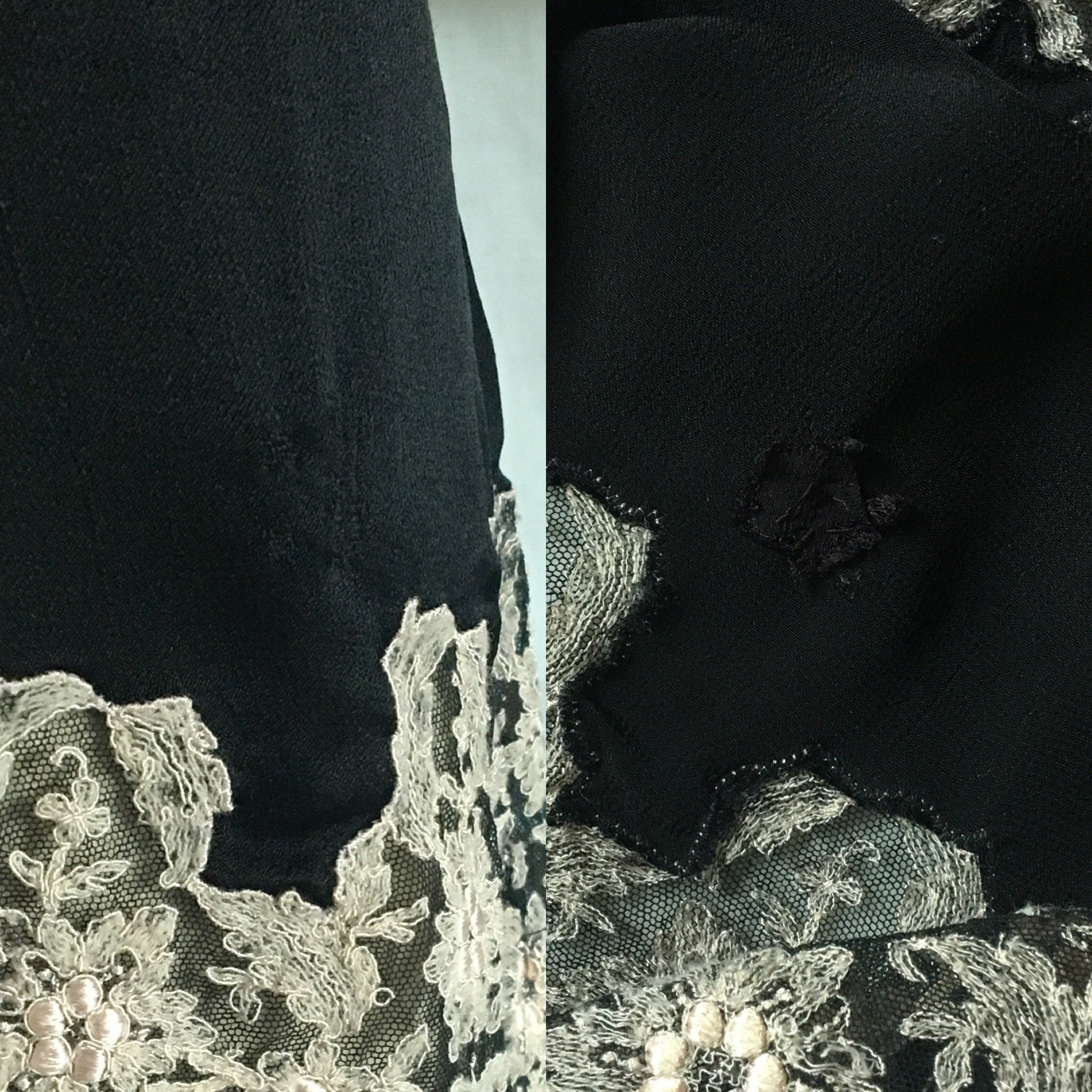 Vintage 1920's Step In Chemise | Black Silk Charmeuse with Silvery White Tambour Lace Embroidery | Size S, M - Daggers & Dames
