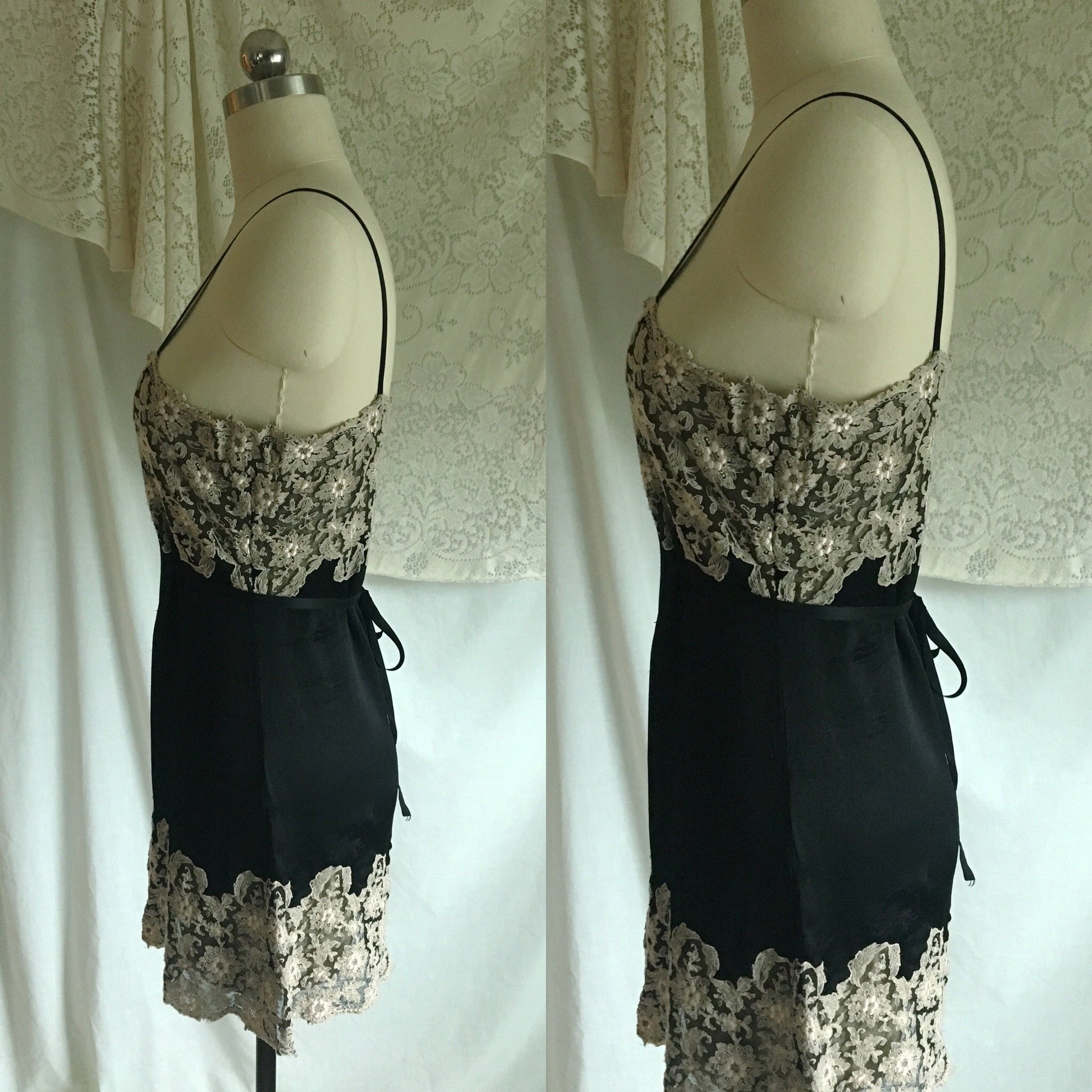 Vintage 1920's Step In Chemise | Black Silk Charmeuse with Silvery White Tambour Lace Embroidery | Size S, M - Daggers & Dames