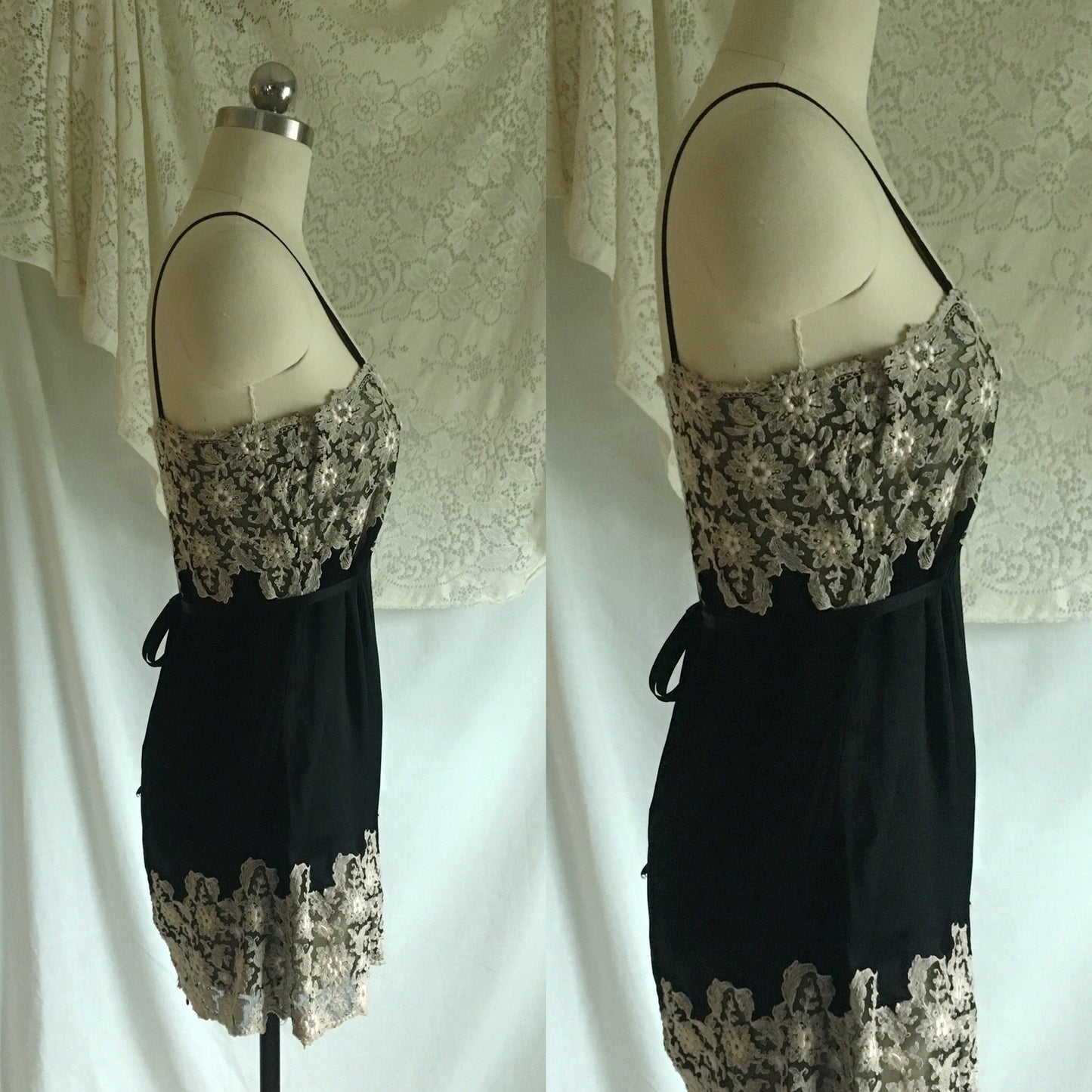 Vintage 1920's Step In Chemise | Black Silk Charmeuse with Silvery White Tambour Lace Embroidery | Size S, M - Daggers & Dames