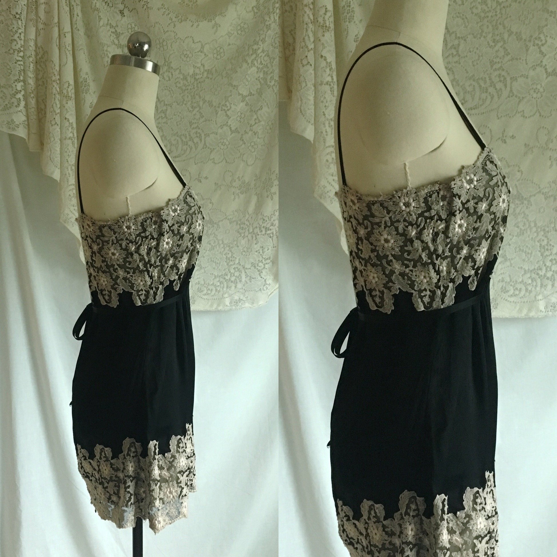 Vintage 1920's Step In Chemise | Black Silk Charmeuse with Silvery White Tambour Lace Embroidery | Size S, M - Daggers & Dames