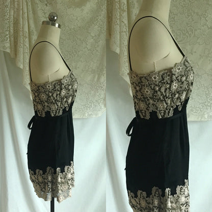 Vintage 1920's Step In Chemise | Black Silk Charmeuse with Silvery White Tambour Lace Embroidery | Size S, M - Daggers & Dames