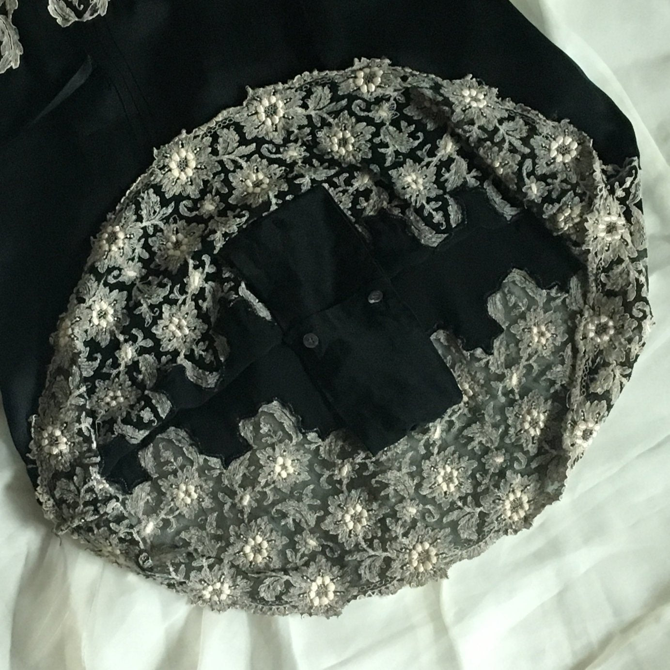 Vintage 1920's Step In Chemise | Black Silk Charmeuse with Silvery White Tambour Lace Embroidery | Size S, M - Daggers & Dames