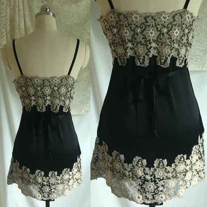 Vintage 1920's Step In Chemise | Black Silk Charmeuse with Silvery White Tambour Lace Embroidery | Size S, M - Daggers & Dames
