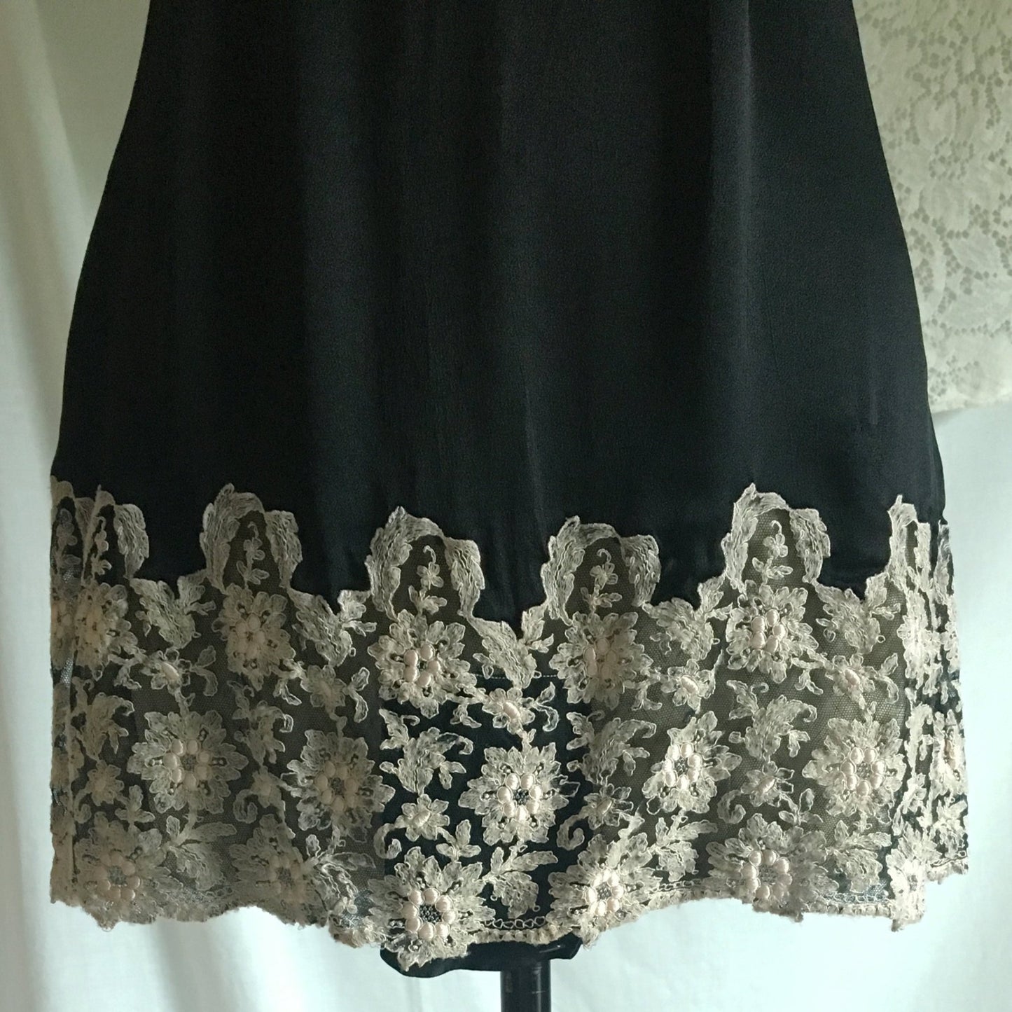 Vintage 1920's Step In Chemise | Black Silk Charmeuse with Silvery White Tambour Lace Embroidery | Size S, M - Daggers & Dames