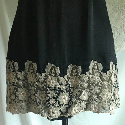 Vintage 1920's Step In Chemise | Black Silk Charmeuse with Silvery White Tambour Lace Embroidery | Size S, M - Daggers & Dames