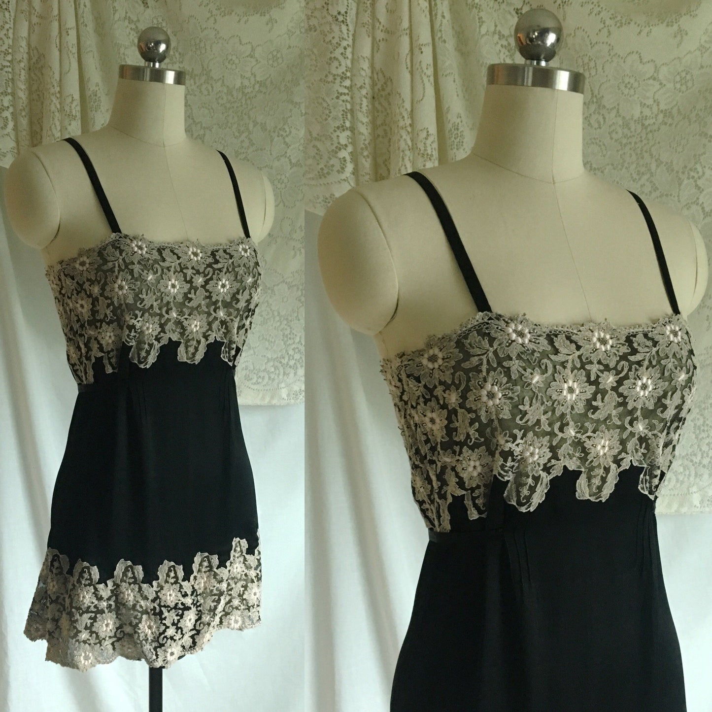 Vintage 1920's Step In Chemise | Black Silk Charmeuse with Silvery White Tambour Lace Embroidery | Size S, M - Daggers & Dames