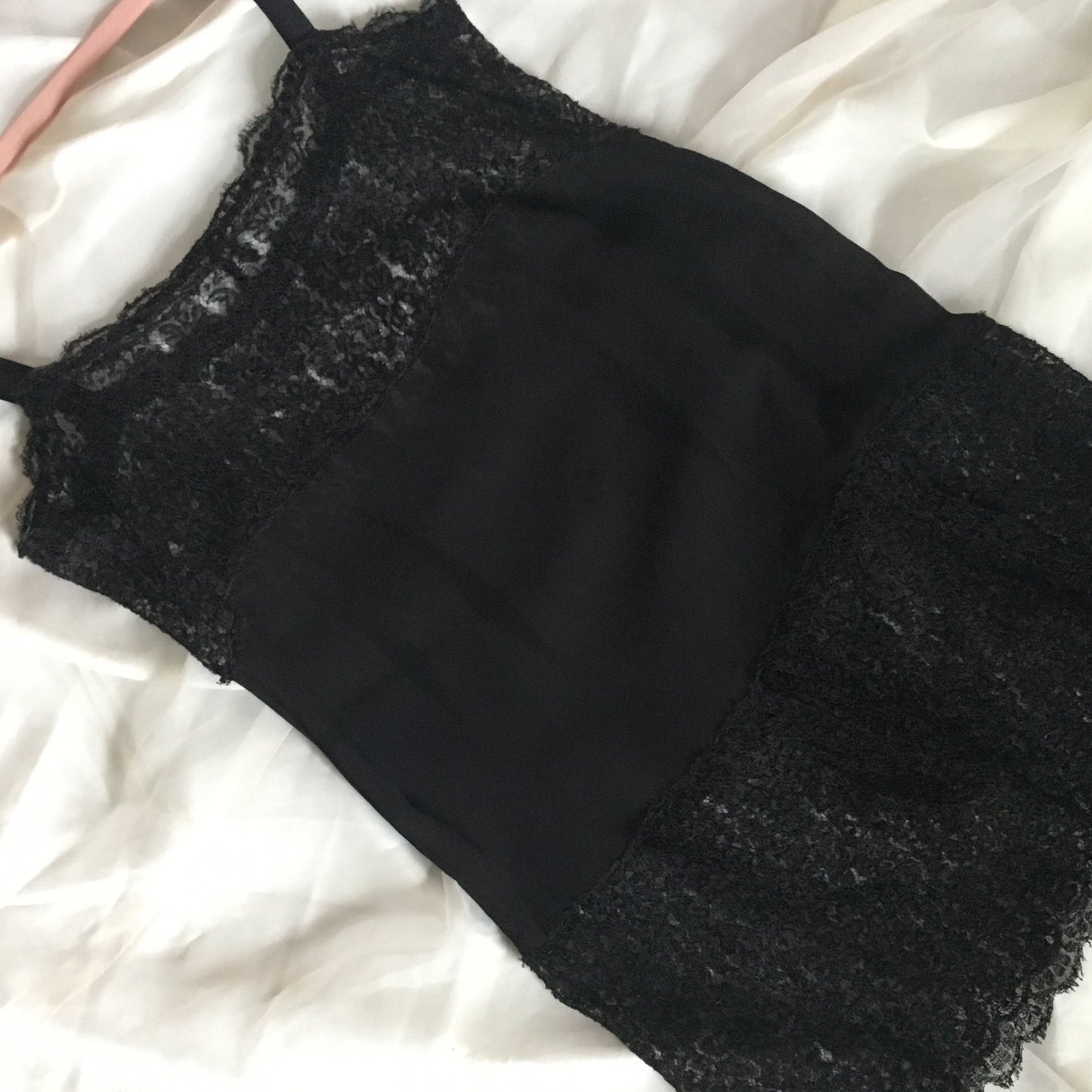 Vintage 1920's Step in Chemise | Black Silk Chiffon with Chantilly Lace & Ribbon Straps | Size XXS - Daggers & Dames