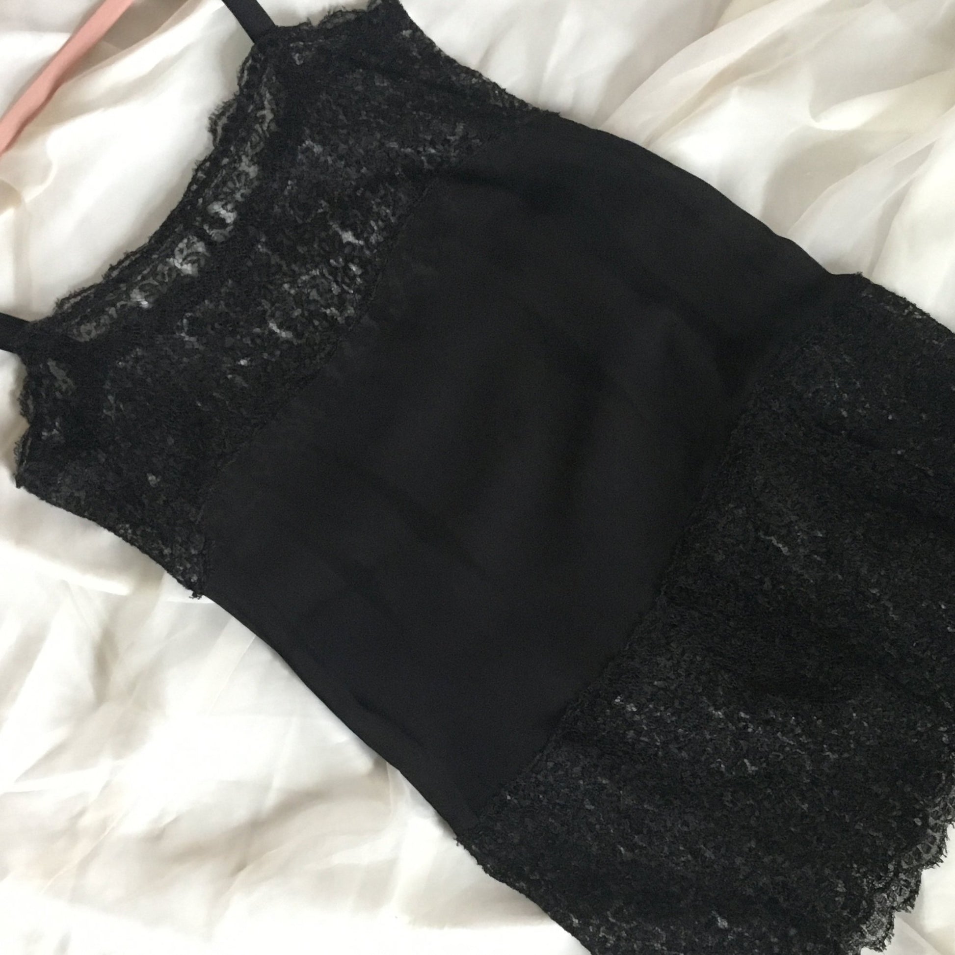 Vintage 1920's Step in Chemise | Black Silk Chiffon with Chantilly Lace & Ribbon Straps | Size XXS - Daggers & Dames