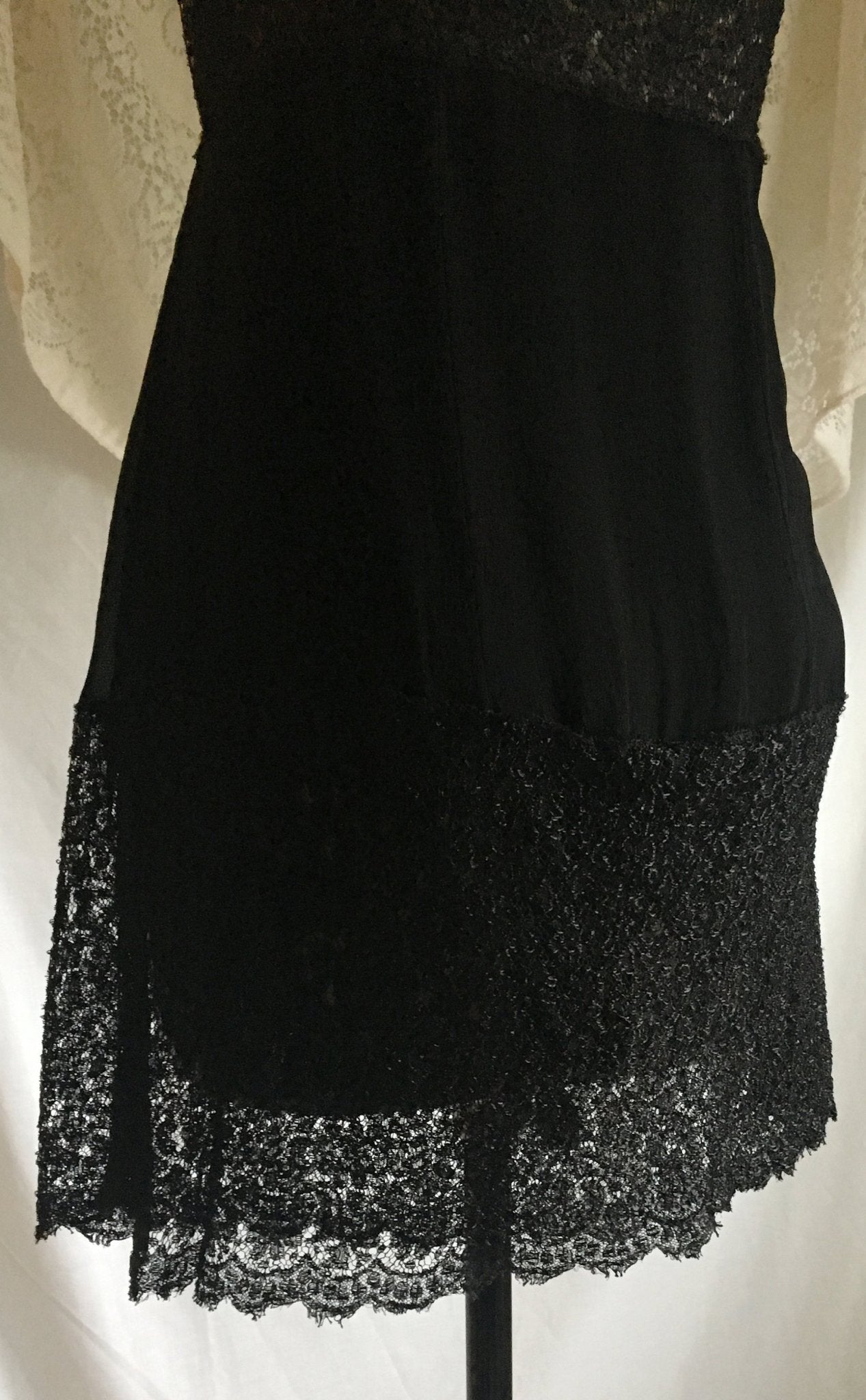 Vintage 1920's Step in Chemise | Black Silk Chiffon with Chantilly Lace & Ribbon Straps | Size XXS - Daggers & Dames