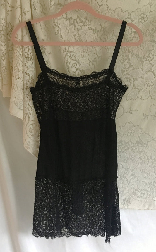 Vintage 1920's Step in Chemise | Black Silk Chiffon with Chantilly Lace & Ribbon Straps | Size XXS - Daggers & Dames