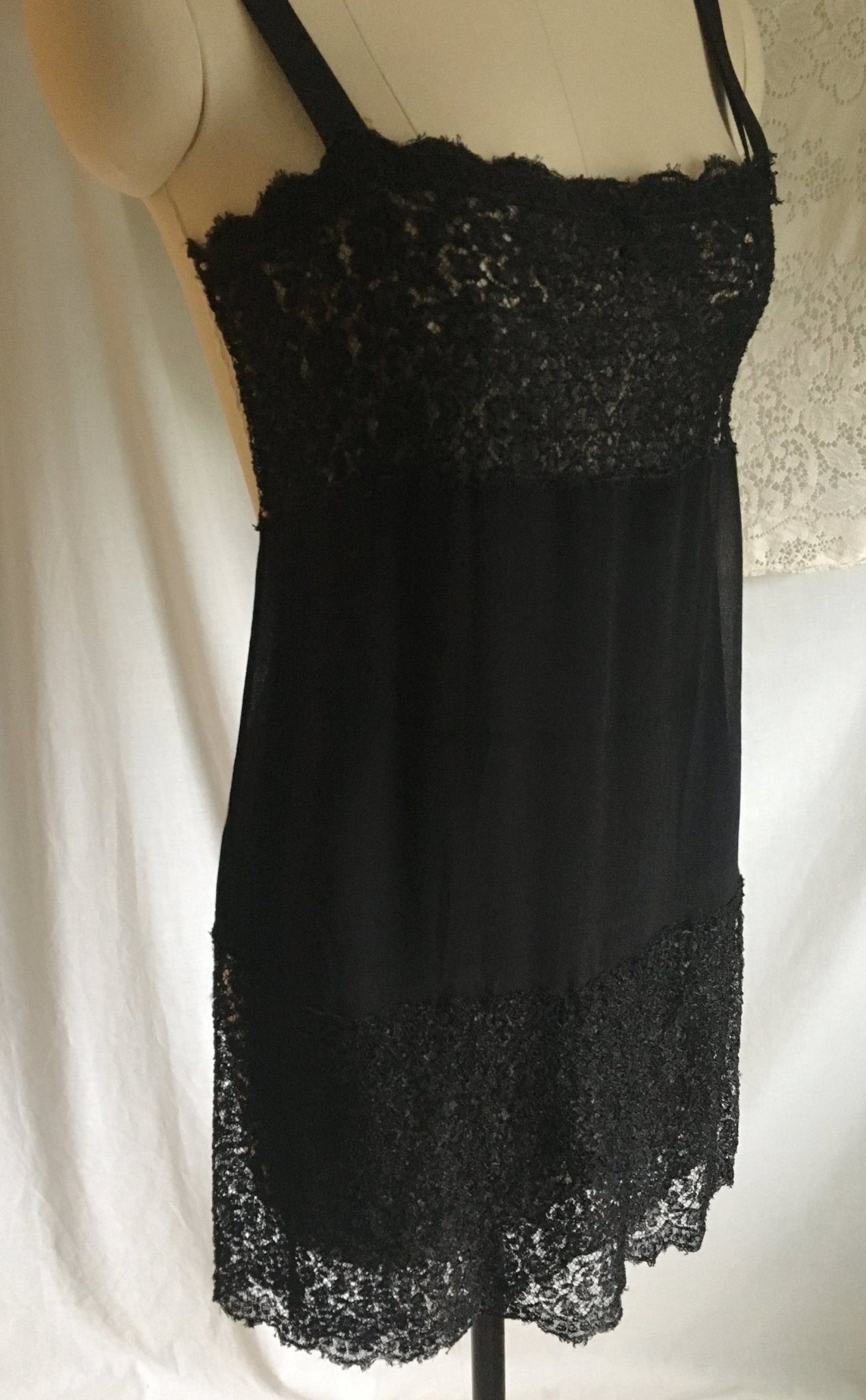 Vintage 1920's Step in Chemise | Black Silk Chiffon with Chantilly Lace & Ribbon Straps | Size XXS - Daggers & Dames