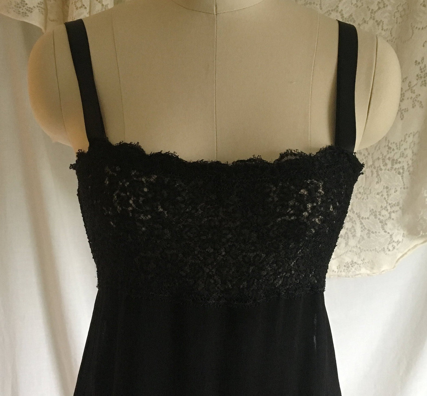 Vintage 1920's Step in Chemise | Black Silk Chiffon with Chantilly Lace & Ribbon Straps | Size XXS - Daggers & Dames