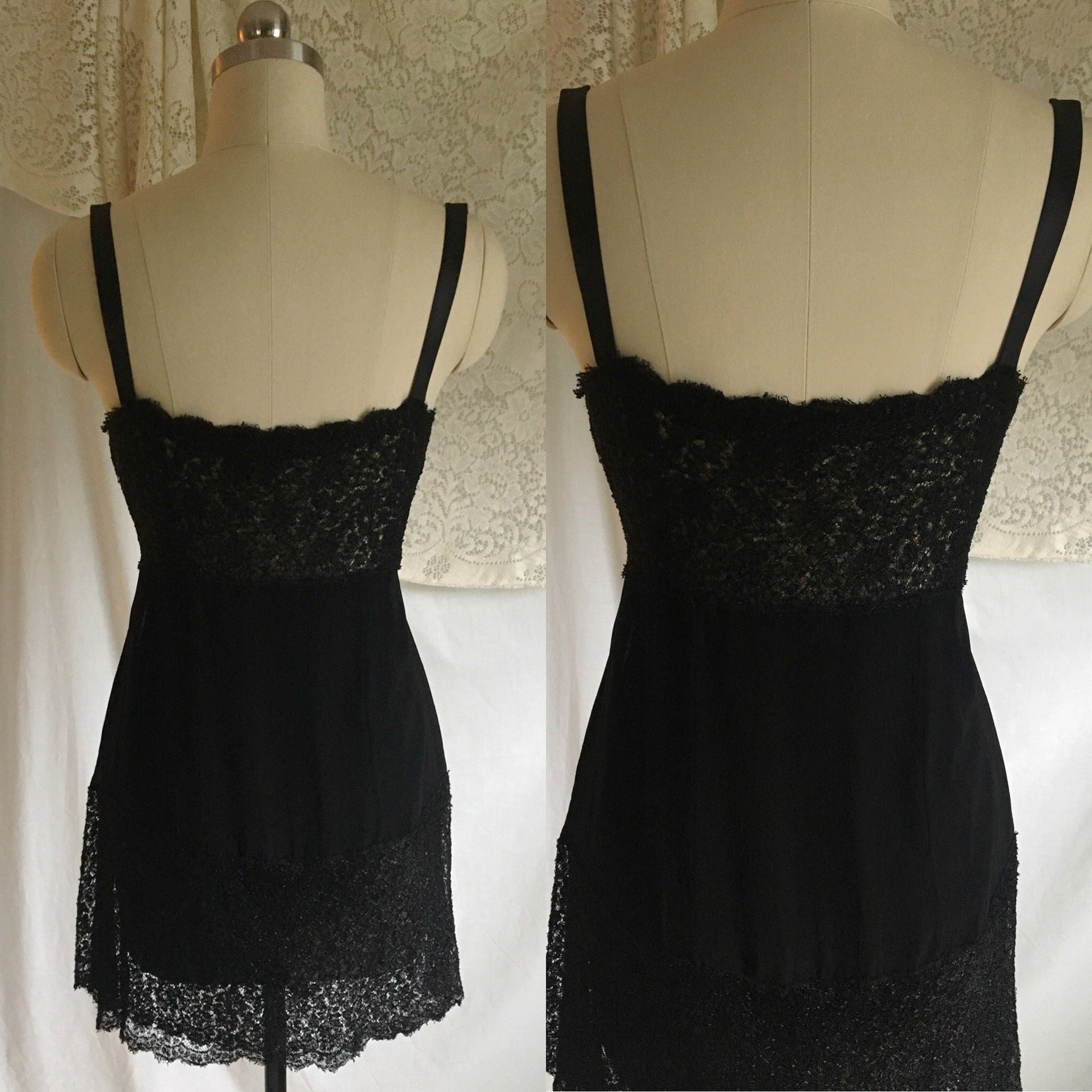 Vintage 1920's Step in Chemise | Black Silk Chiffon with Chantilly Lace & Ribbon Straps | Size XXS - Daggers & Dames