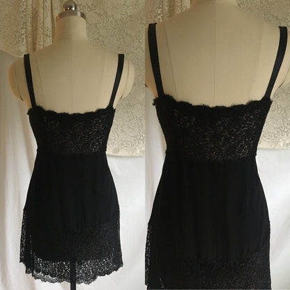 Vintage 1920's Step in Chemise | Black Silk Chiffon with Chantilly Lace & Ribbon Straps | Size XXS - Daggers & Dames