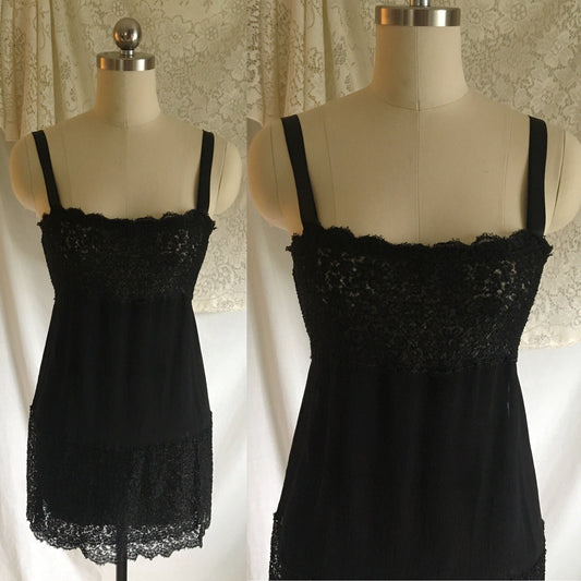Vintage 1920's Step in Chemise | Black Silk Chiffon with Chantilly Lace & Ribbon Straps | Size XXS - Daggers & Dames