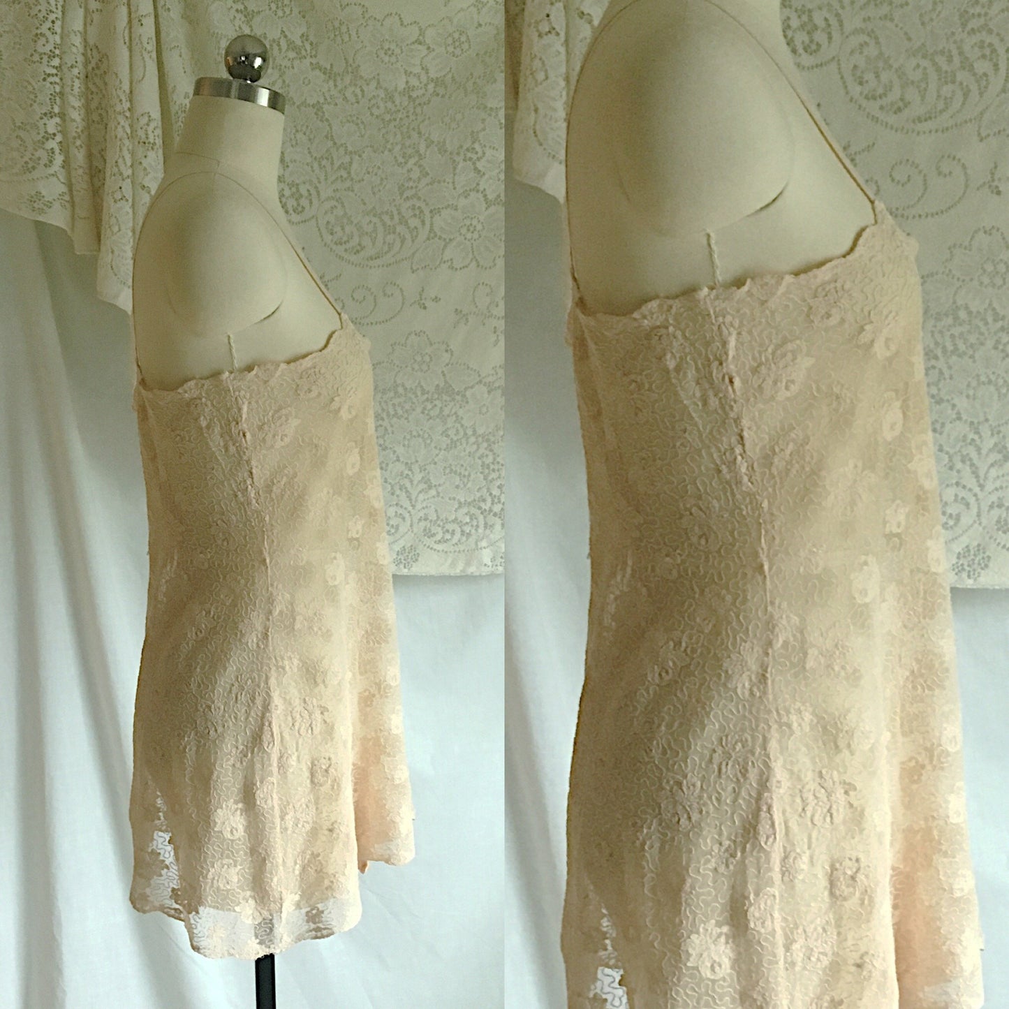 Vintage 1920's Step In Chemise | French Ivory Tambour Lace Tulle with Pale Pink Silk | Size M, LG - Daggers & Dames