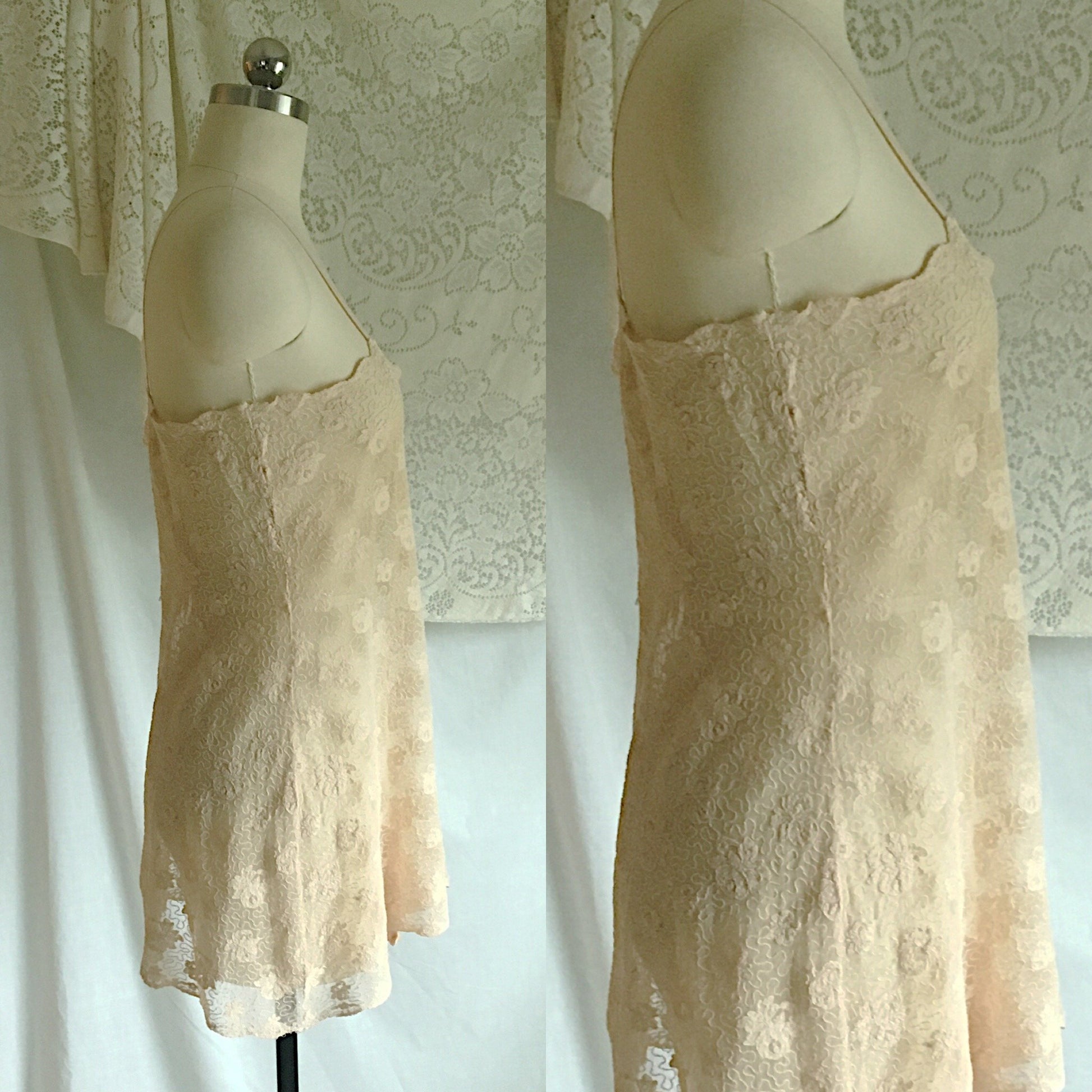 Vintage 1920's Step In Chemise | French Ivory Tambour Lace Tulle with Pale Pink Silk | Size M, LG - Daggers & Dames