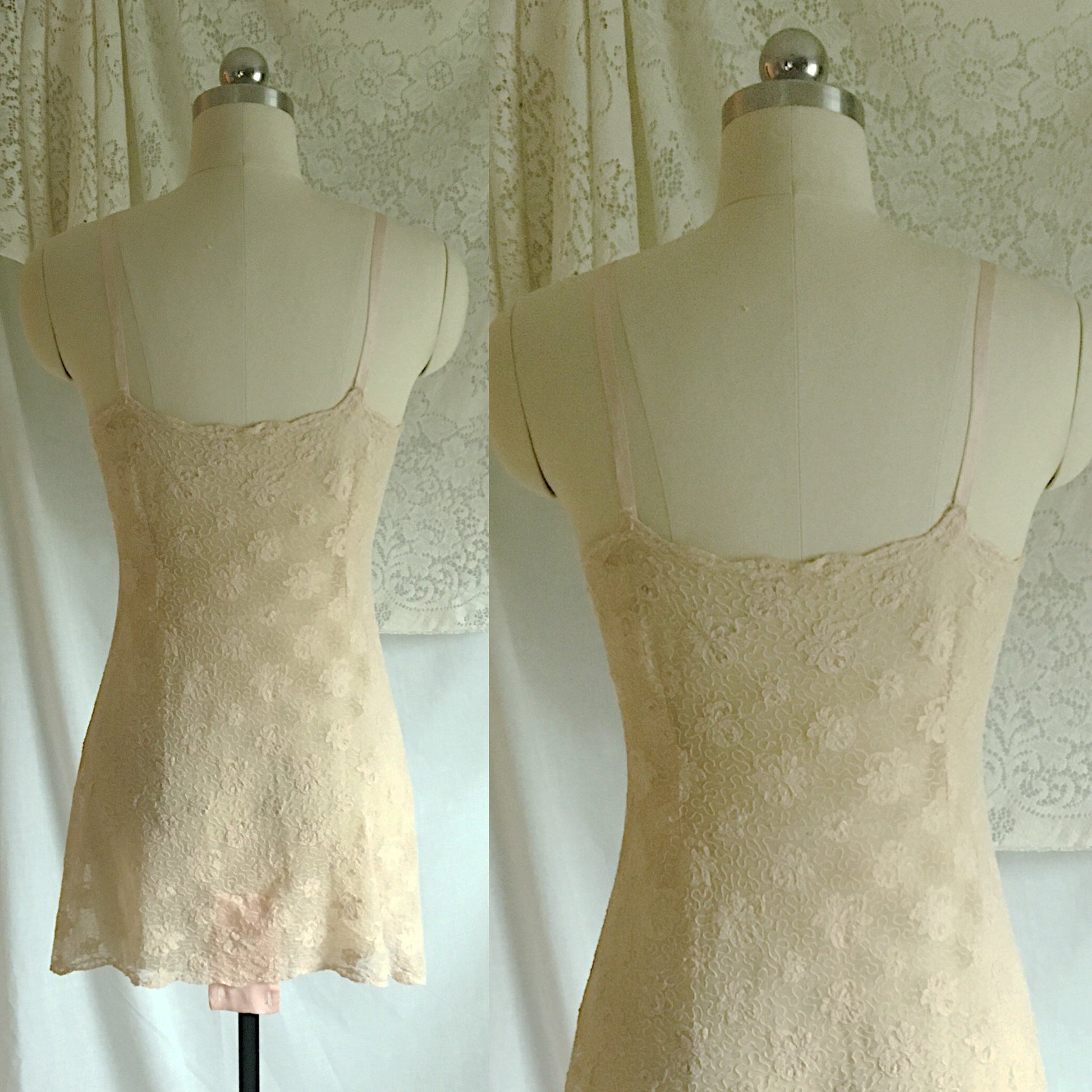 Vintage 1920's Step In Chemise | French Ivory Tambour Lace Tulle with Pale Pink Silk | Size M, LG - Daggers & Dames