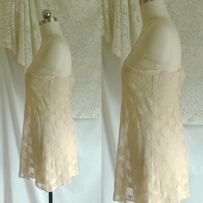Vintage 1920's Step In Chemise | French Ivory Tambour Lace Tulle with Pale Pink Silk | Size M, LG - Daggers & Dames