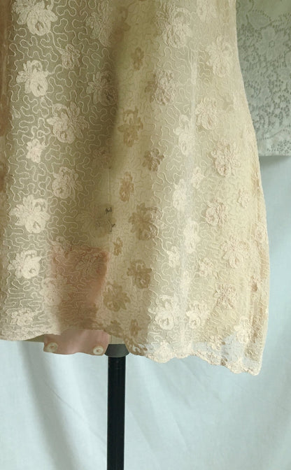 Vintage 1920's Step In Chemise | French Ivory Tambour Lace Tulle with Pale Pink Silk | Size M, LG - Daggers & Dames