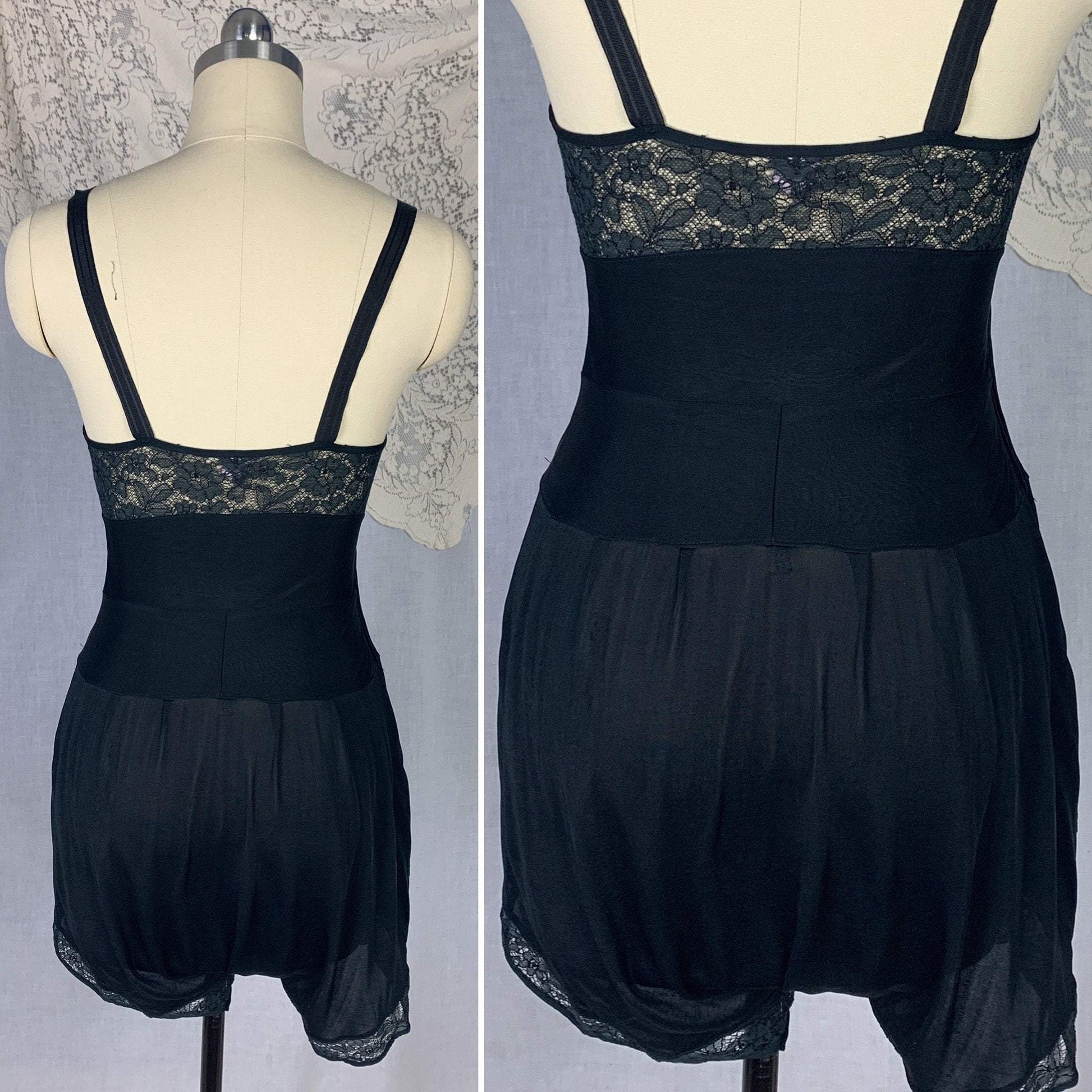 Vintage 1920's Step In Chemise | Inky Black Silk Knit with Chantilly Lace | Size XS Petite | Kickernick - Daggers & Dames