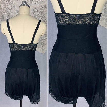 Vintage 1920's Step In Chemise | Inky Black Silk Knit with Chantilly Lace | Size XS Petite | Kickernick - Daggers & Dames