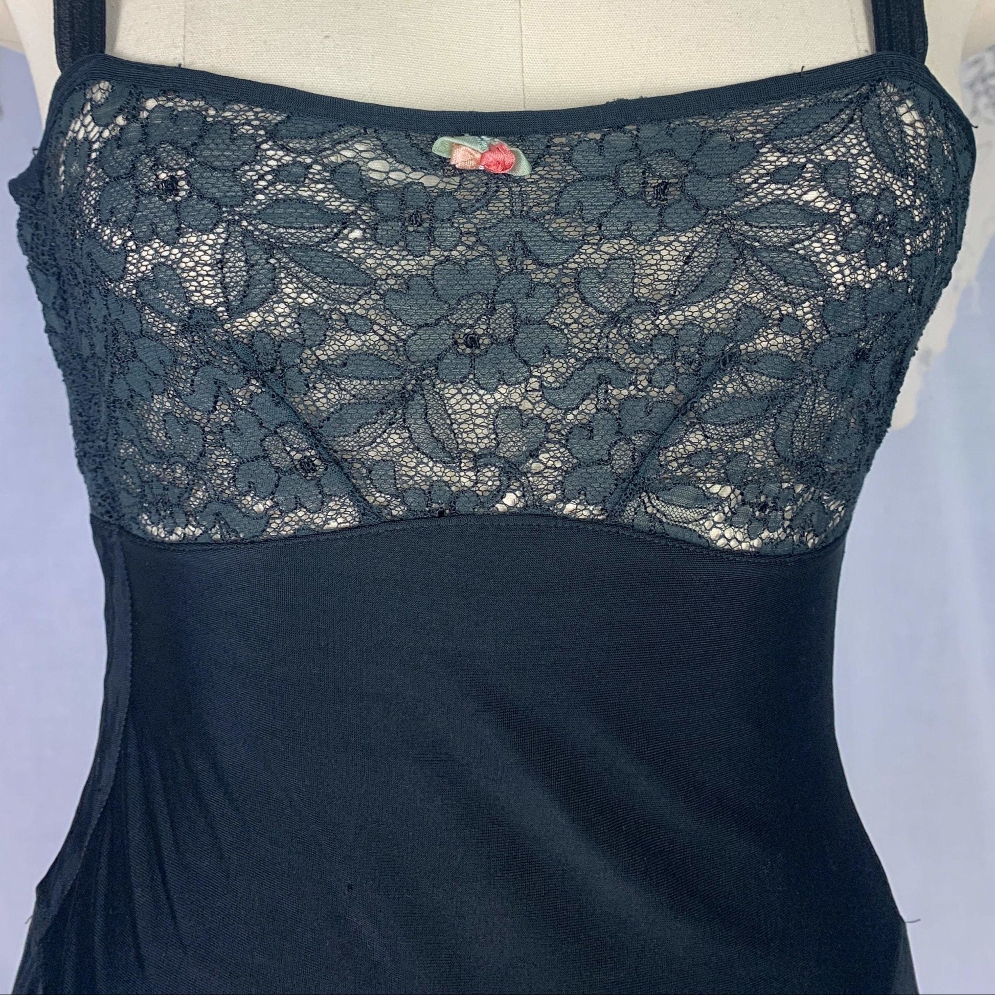Vintage 1920's Step In Chemise | Inky Black Silk Knit with Chantilly Lace | Size XS Petite | Kickernick - Daggers & Dames