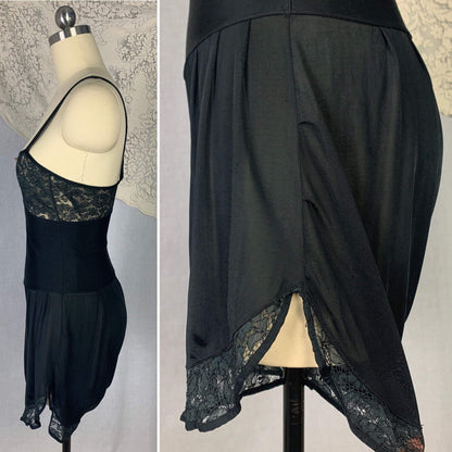 Vintage 1920's Step In Chemise | Inky Black Silk Knit with Chantilly Lace | Size XS Petite | Kickernick - Daggers & Dames