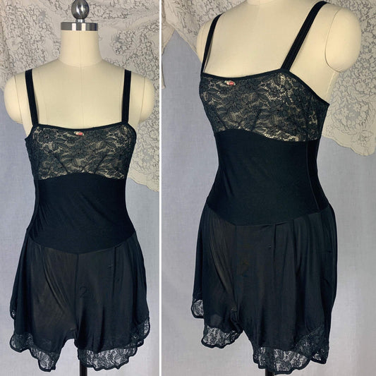 Vintage 1920's Step In Chemise | Inky Black Silk Knit with Chantilly Lace | Size XS Petite | Kickernick - Daggers & Dames