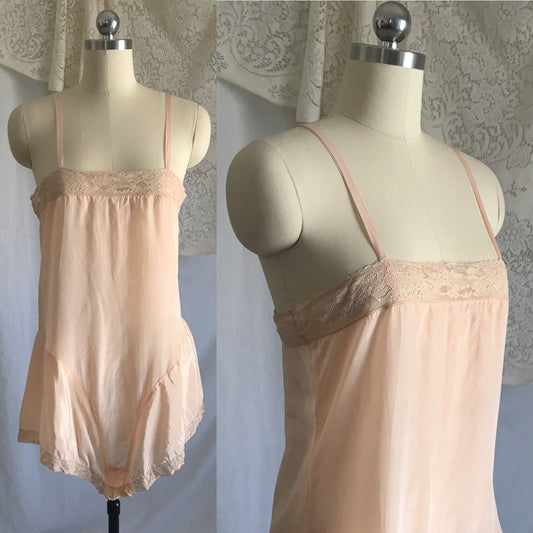 Vintage 1920's Step In Chemise | Light Pink Silk with French Finish & Ecru Lace | New Old Stock | Flapper Teddy | 20s Lingerie | Size XS - Daggers & Dames