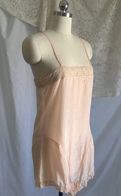 Vintage 1920's Step In Chemise | Light Pink Silk with French Finish & Ecru Lace | New Old Stock | Flapper Teddy | 20s Lingerie | Size XS - Daggers & Dames