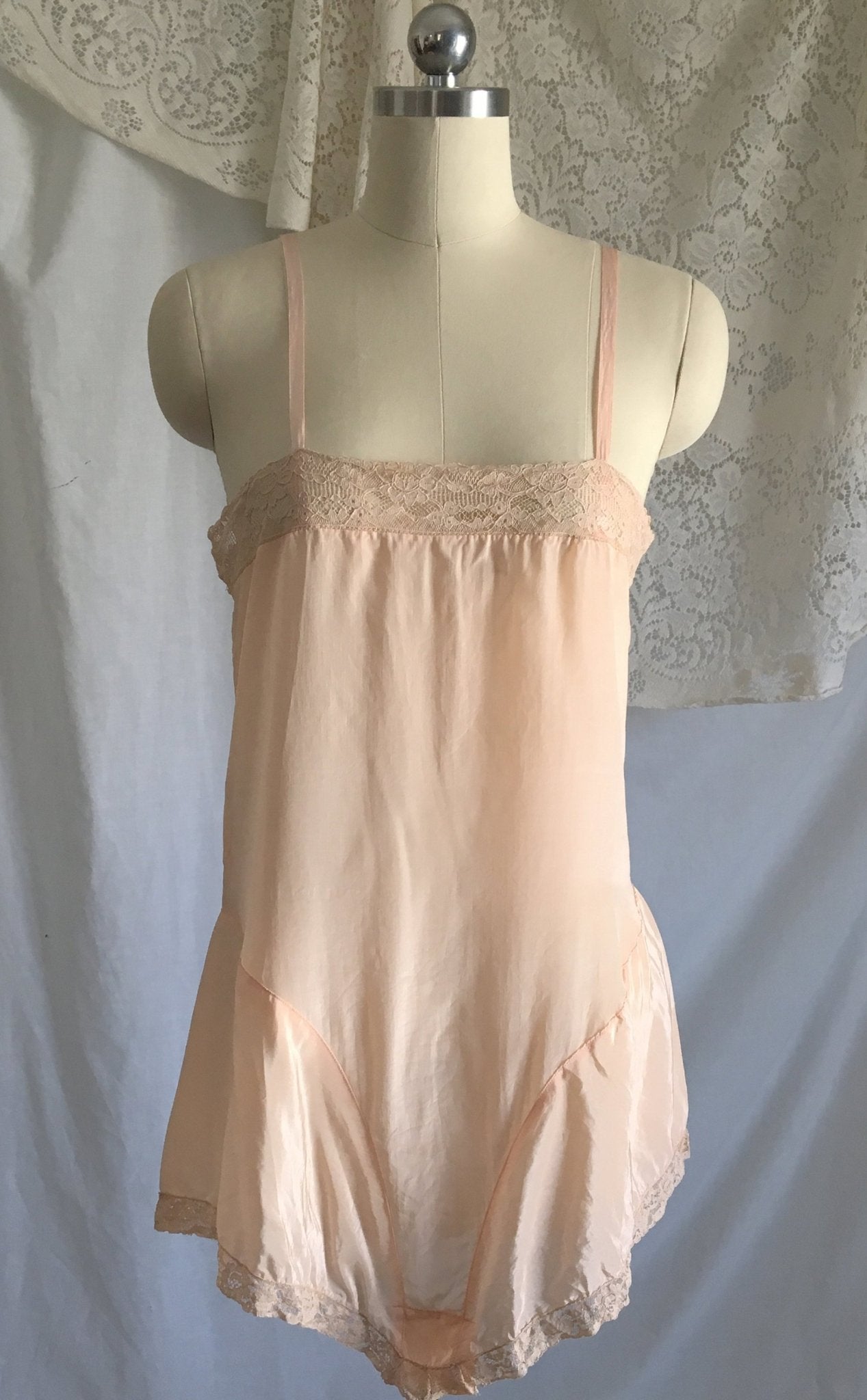 Vintage 1920's Step In Chemise | Light Pink Silk with French Finish & Ecru Lace | New Old Stock | Flapper Teddy | 20s Lingerie | Size XS - Daggers & Dames