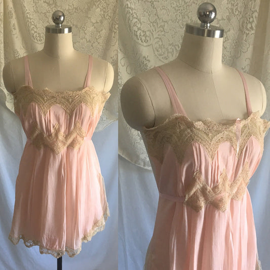 Vintage 1920's Step-in Chemise | Petal Pink Silk Crepe with Tambour Lace | Never Worn | Size XS - Daggers & Dames