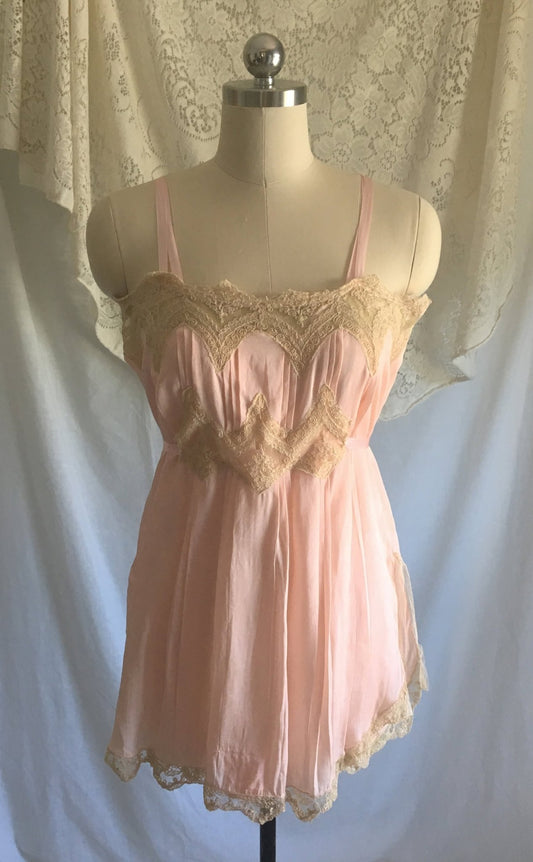 Vintage 1920's Step-in Chemise | Petal Pink Silk Crepe with Tambour Lace | Never Worn | Size XS - Daggers & Dames