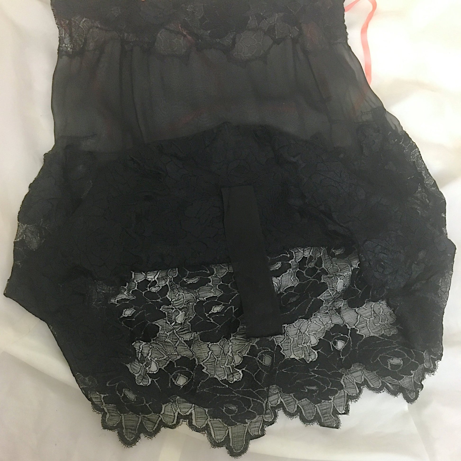 Vintage 1920's Step-in Chemise | Sheer Black Chiffon with Rose Chantilly Lace & Pink Silk Ribbon | Size S - Daggers & Dames