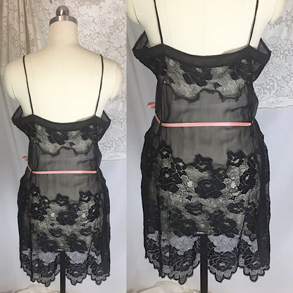 Vintage 1920's Step-in Chemise | Sheer Black Chiffon with Rose Chantilly Lace & Pink Silk Ribbon | Size S - Daggers & Dames