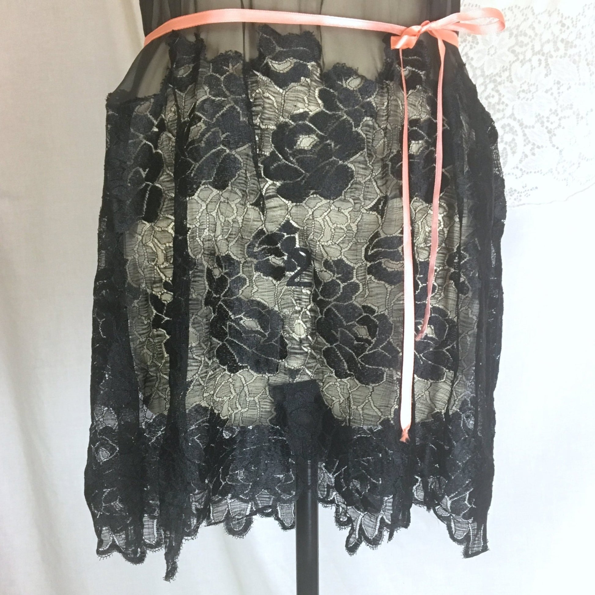 Vintage 1920's Step-in Chemise | Sheer Black Chiffon with Rose Chantilly Lace & Pink Silk Ribbon | Size S - Daggers & Dames