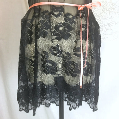 Vintage 1920's Step-in Chemise | Sheer Black Chiffon with Rose Chantilly Lace & Pink Silk Ribbon | Size S - Daggers & Dames