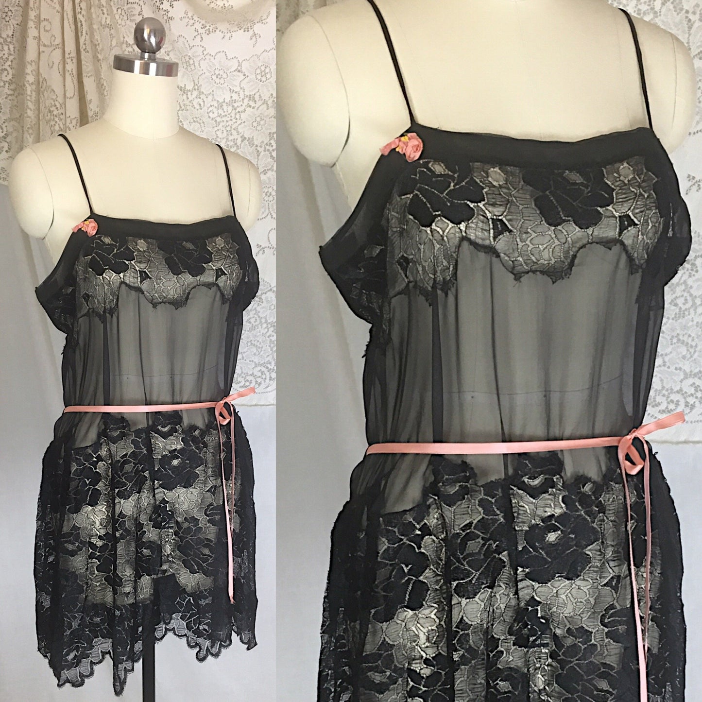 Vintage 1920's Step-in Chemise | Sheer Black Chiffon with Rose Chantilly Lace & Pink Silk Ribbon | Size S - Daggers & Dames