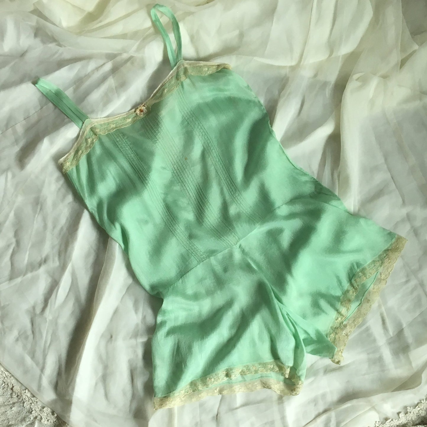 Vintage 1920's Step In Chemise | Sheer Mint Green Silk with Tulle Lace & Rosette | Size S, M - Daggers & Dames