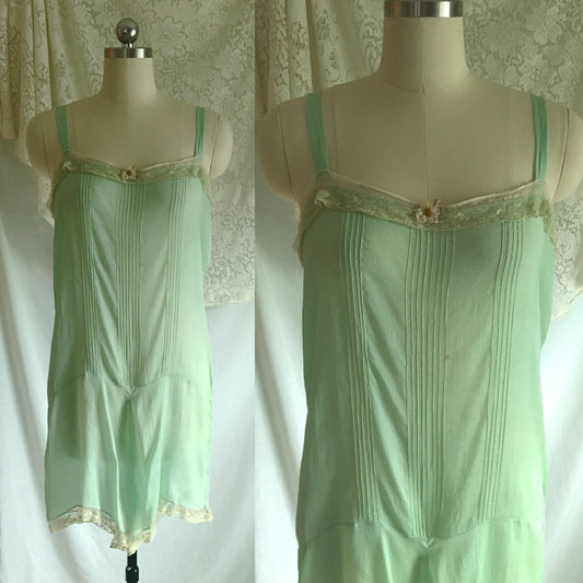 Vintage 1920's Step In Chemise | Sheer Mint Green Silk with Tulle Lace & Rosette | Size S, M - Daggers & Dames