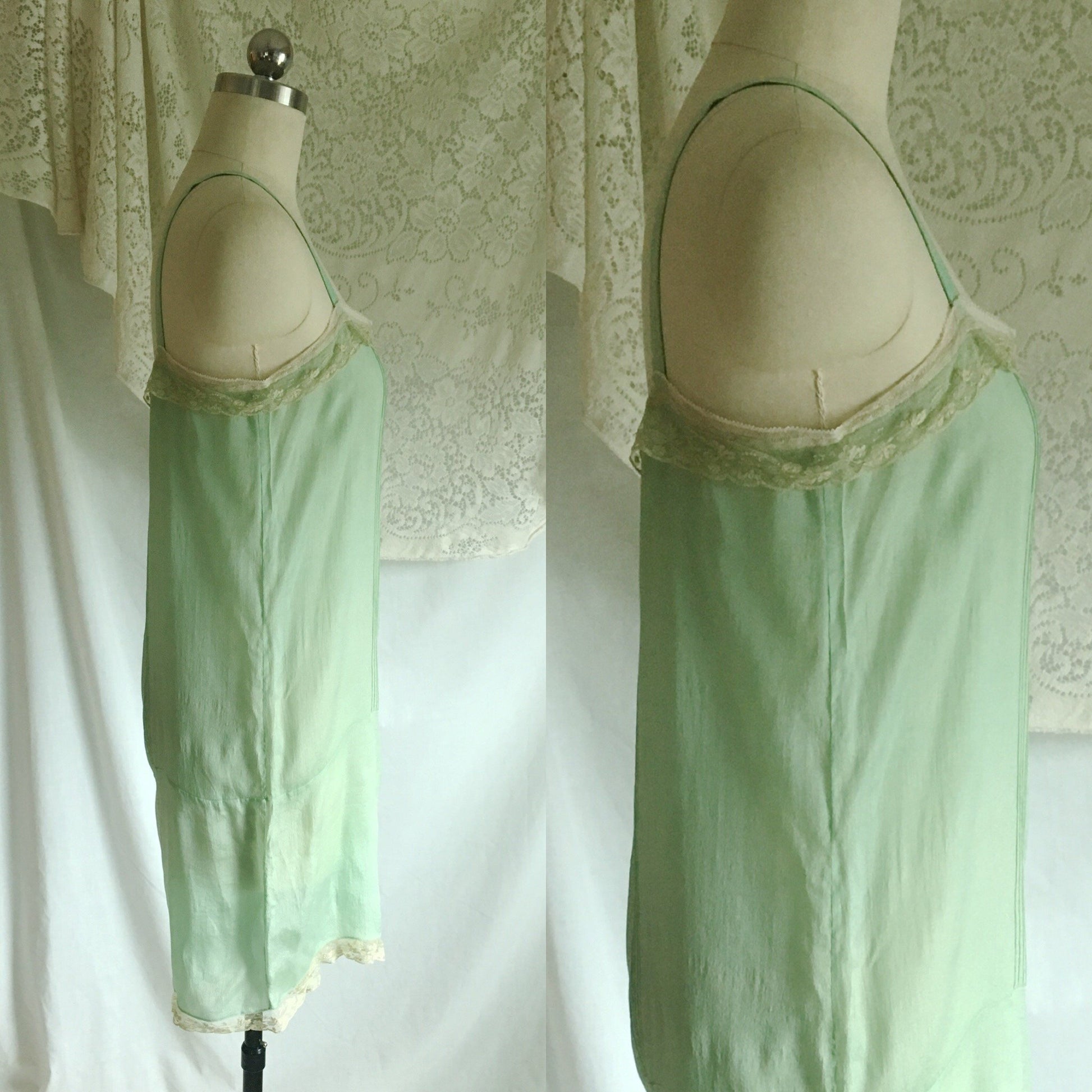 Vintage 1920's Step In Chemise | Sheer Mint Green Silk with Tulle Lace & Rosette | Size S, M - Daggers & Dames