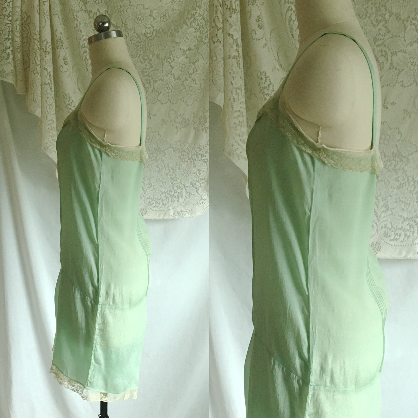 Vintage 1920's Step In Chemise | Sheer Mint Green Silk with Tulle Lace & Rosette | Size S, M - Daggers & Dames