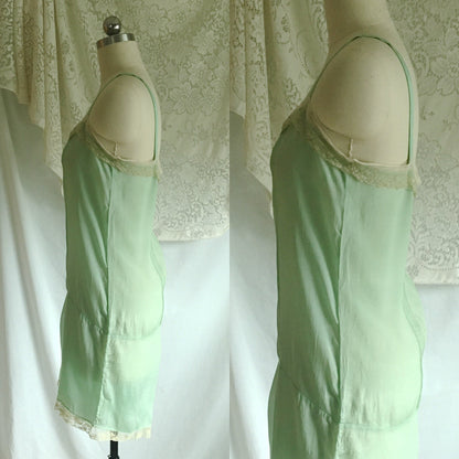 Vintage 1920's Step In Chemise | Sheer Mint Green Silk with Tulle Lace & Rosette | Size S, M - Daggers & Dames